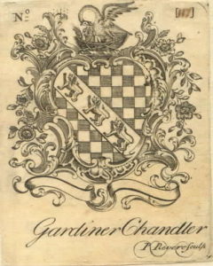 Engraving, black ink on paper. A family crest with a checkerboard, images of swans, flowers, and lions adorn it. The name "Gardiner Chandler" is written in a script below.