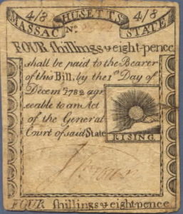 Engraving of currency for Massachusetts state adorned with an image of a rising sun.