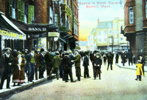 Postcard image titled "Scene in North Square, Boston, Mass." with civilians dressed nicely in the streets