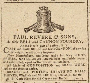 Newspaper advertisement, black ink on paper. Image of a church bell and cannons above text