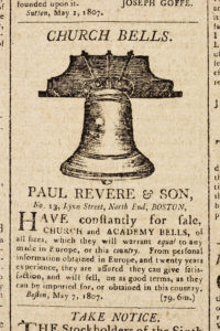 Newspaper advertisement, black ink on paper. Image of a church bell above text