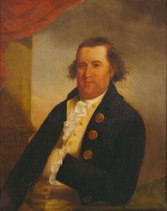 Painted image of a man in a blue coat with a ruffled white shirt.