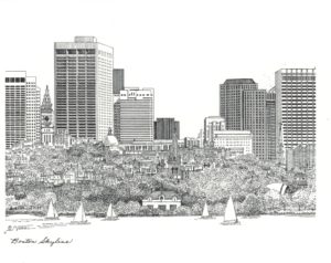 pen and ink drawing of Boston skyline