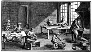 woodcut print of 18th century gilders in their workshop