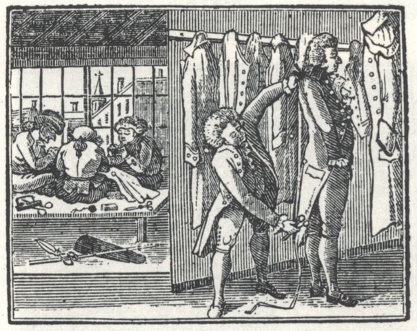 A black and white engraving or sketch of an 18th century tailor measuring someone for new clothes.