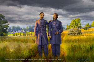 An illustration of two men wearing Civil War Union uniforms and standing in a grassy field.