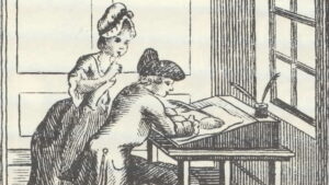 Two children at a desk, one writing with a feather pen and the other leaning over his shoulder.