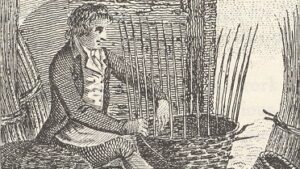 A black & white engraving or sketch of a person weaving a basket.