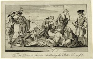 a political cartoon of British officials forcing Boston (represented as a topless woman) to drink their tea