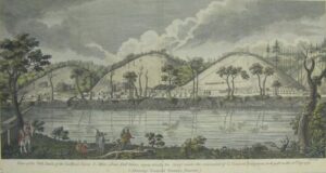 an engraving of a colonial american landscape