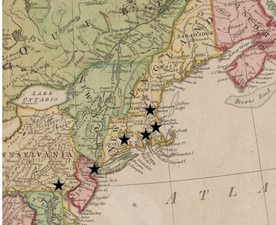 New England map with stars marking the locations of Paul Revere's rides