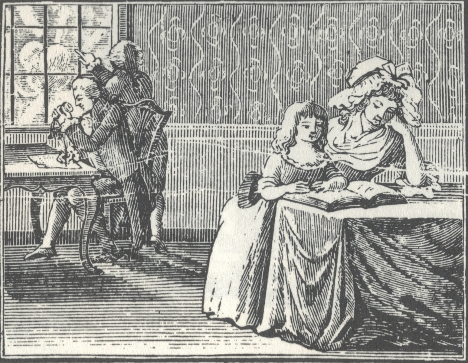 a woodcut engraving of two girls in 18th century dress reading while two men behind them look out the window