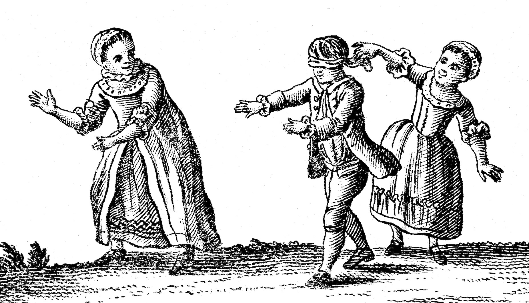 a woodcut engraving of three kids in 18th century dress playing blind man's bluff